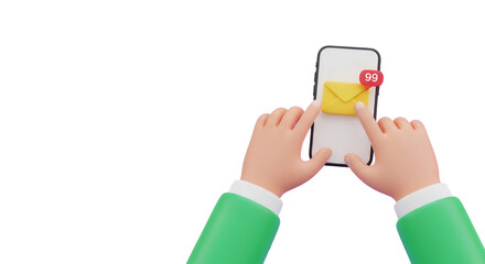 3D Cartoon Hands Interacting with Smartphone Email Notification