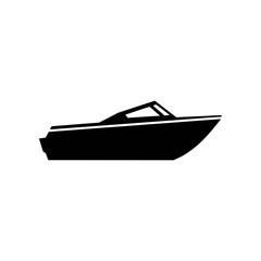 Modern motorboat silhouette icon from a side view. A simple isolated black vector graphic of a speedboat for concepts of water transport, luxury, and recreation