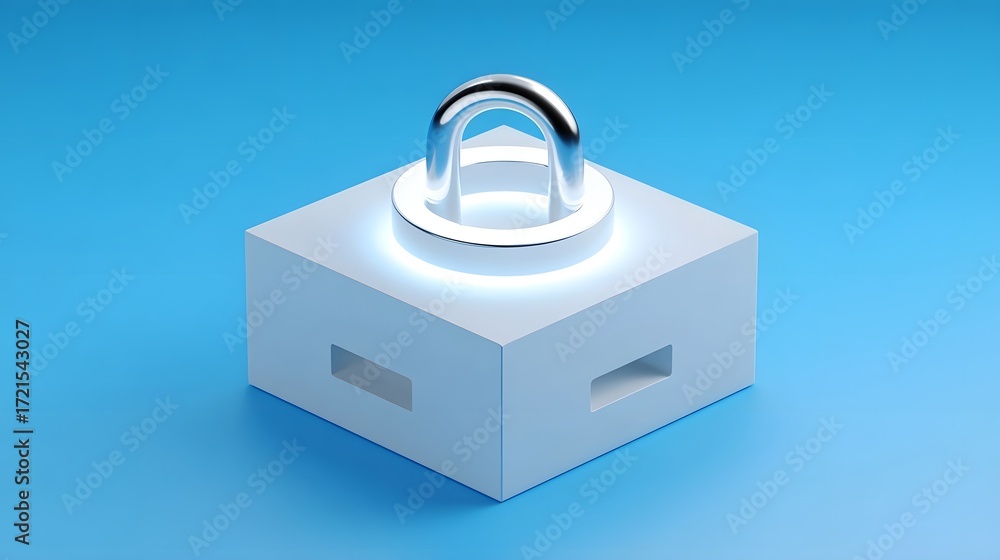 Poster a simple, sleek white cube-shaped object positioned on a plain blue background, creating a minimalis