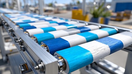 Obraz premium Futuristic Photorealistic Conveyor Belt with Colorful Stripes in Industrial Setting