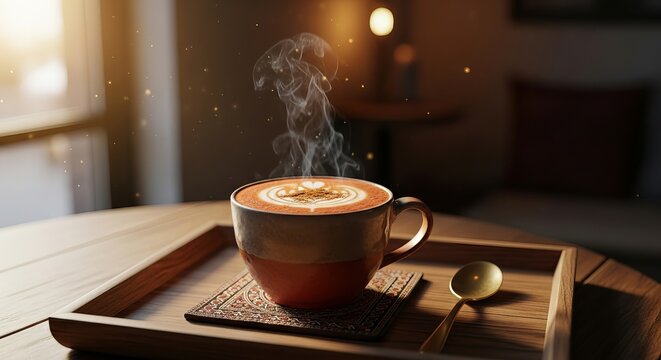 A cup of coffee with latte art on a wooden tray in a cafe setting