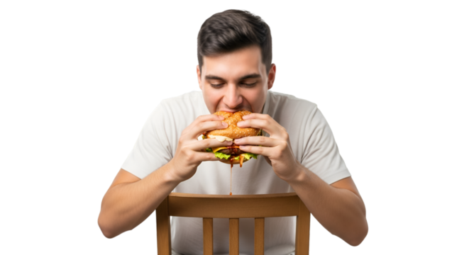 Man Eating Fast Food on Chair with White Background