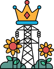 A black and white drawing of a crown with a flower in the foreground