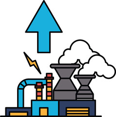 A black and white drawing of a factory with a large arrow pointing upwards