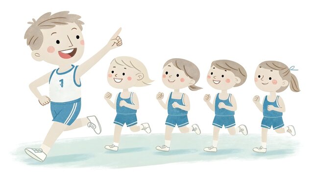 Young coach leading children in a running race, promoting health and teamwork - Powered by Adobe