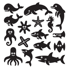 Set of Black Silhouette Sea Animals and Marine Plants