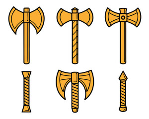 Collection of Golden Battle Axes, Cartoon Style Warrior Weapons with Intricate Designs