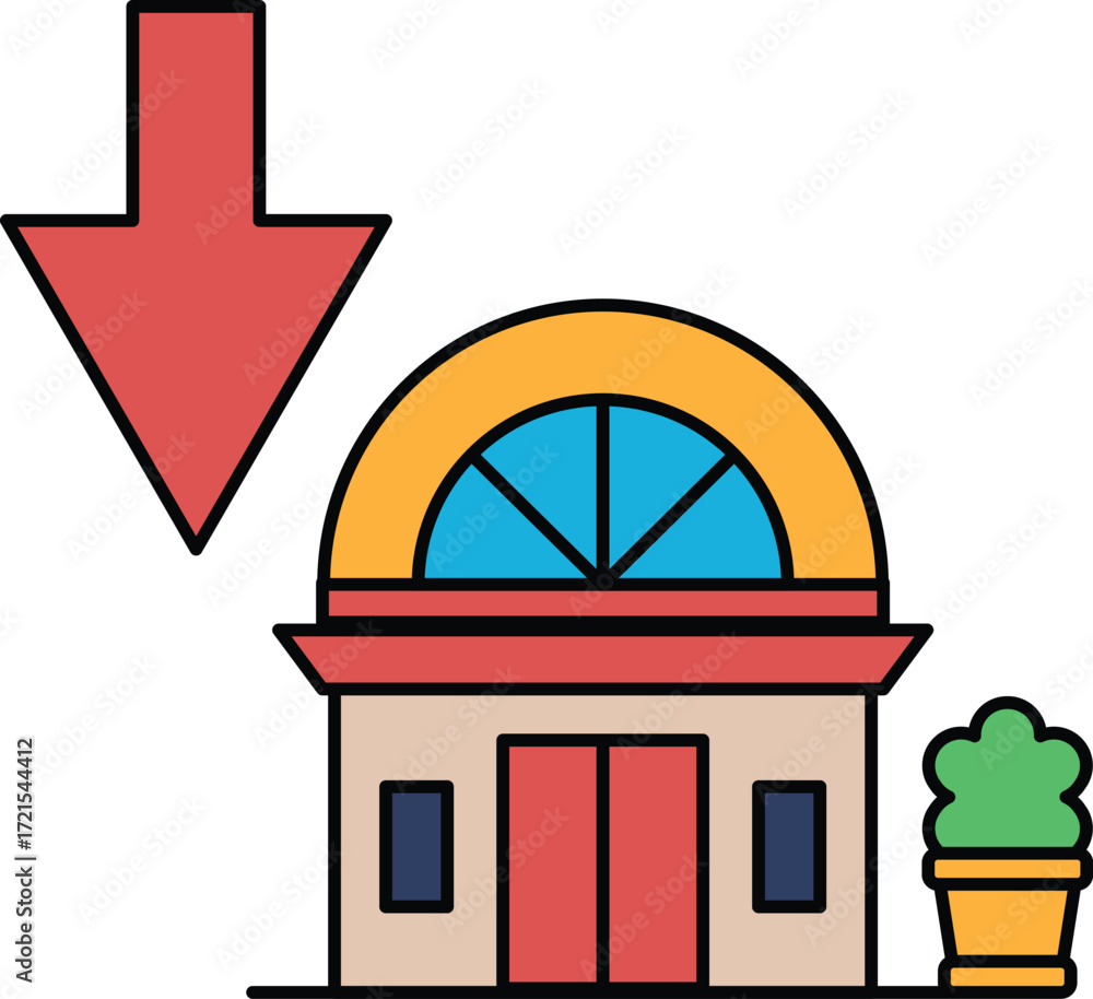 Poster a building with a downward arrow on it