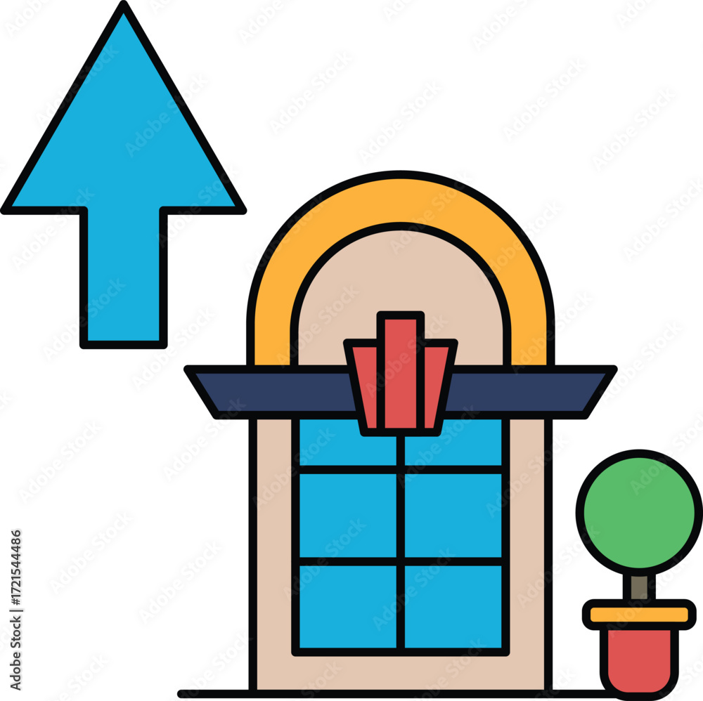 Poster a building with a black and white design and a white arrow pointing up