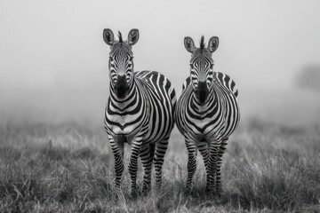 Fototapeta premium Two zebras stand in a field shrouded in a hazy monochrome mist, their distinctive stripes sharply defined against the muted background.