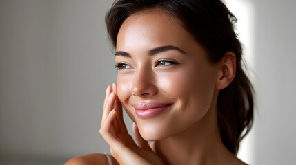 A close-up portrait of a young, attractive woman with a warm, friendly smile and a serene, confident expression on her face.