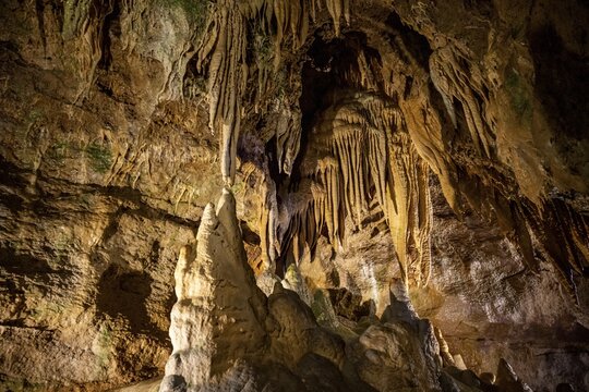 Stalagmites and stalactites in a cave, Devil's Cave Pottenstein, Franconian Switzerland, Franconia, Bavaria, Germany
