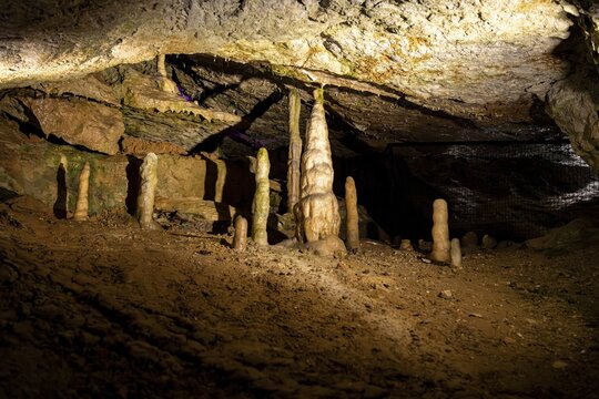 Stalagmites in a cave, Pottenstein Devil's Cave, Franconian Switzerland, Franconia, Bavaria, Germany