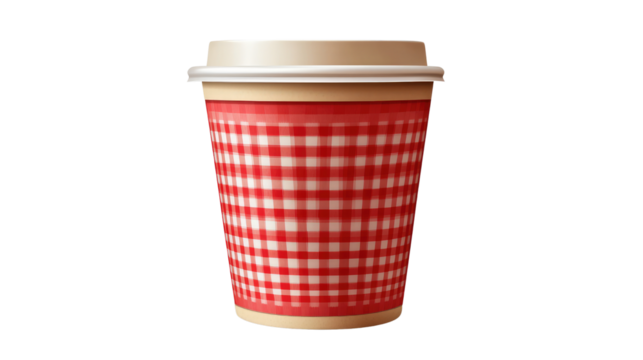 takeout coffee cup with classic red plaid pattern isolated and simple minimal clean cut out Isolated On Transparent and White Background - Powered by Adobe