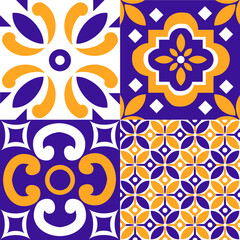 Fototapeta premium Vibrant Geometric Patterns in Blue and Orange Ceramic Tile Designs.