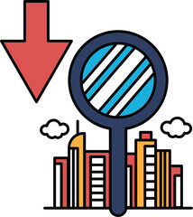 A city skyline is reflected in a mirror