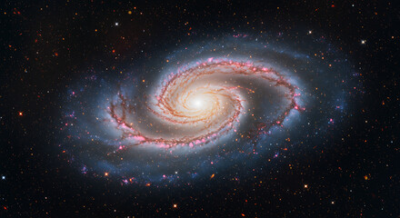 Spiral galaxy with vibrant colors and intricate structure against a dark cosmic background.
