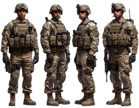 Military Personnel in Uniform with Tactical Equipment, Standing in Different Poses Isolated PNG - Powered by Adobe