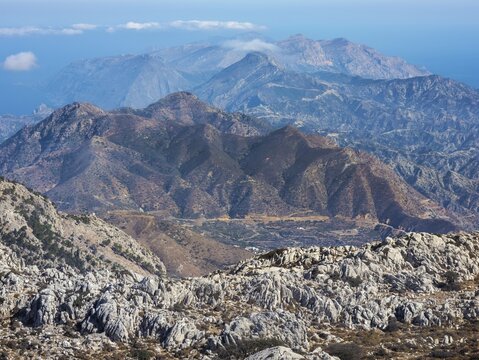 Deep view into the rough mountain and valley structure with blue and brown shades of northern Karpathos, hike to the summit of Kali Limni, Kali Limni, Lastos, Karpathos, Greece