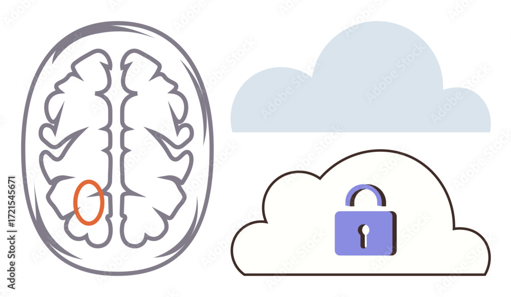 Leinwandbilder brain anatomy overlaid with data encryption metaphor using a cloud and lock icon. ideal for technolo