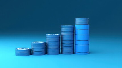 Increasing stacks of blue coins on a blue background, financial growth concept