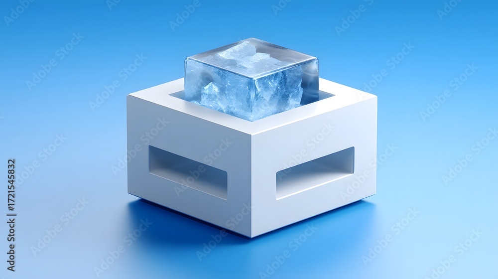 Poster a minimalist design featuring a floating, transparent blue crystal cube displayed on a simple white 