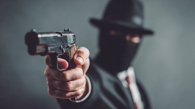 A man in a black suit and hat holding a gun in front of a dark background.