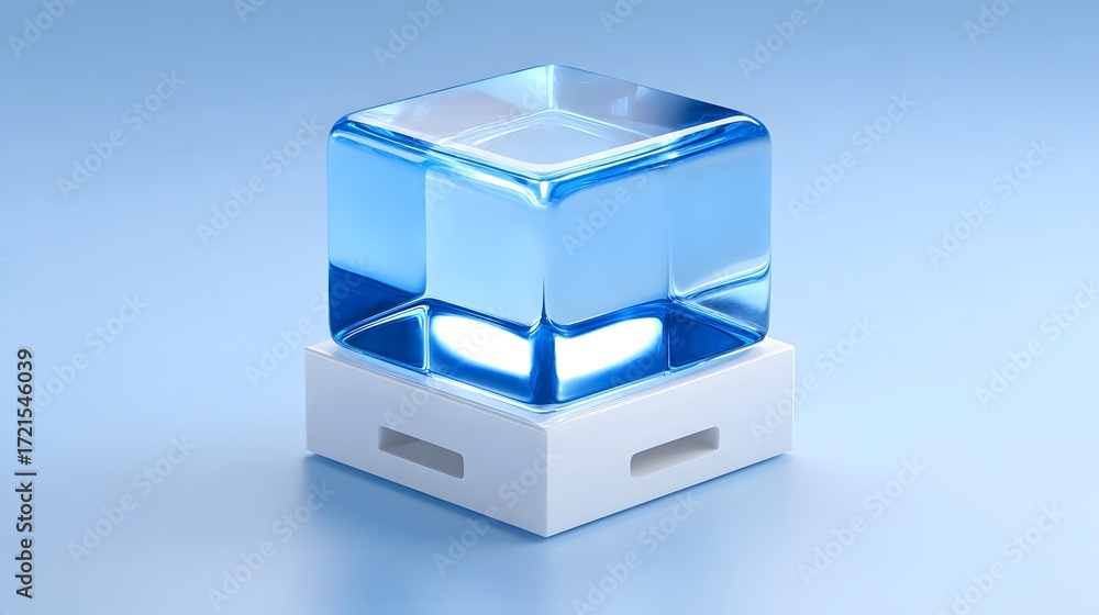 Poster a modern, minimalist design featuring a transparent blue glass cube resting on a simple white platfo
