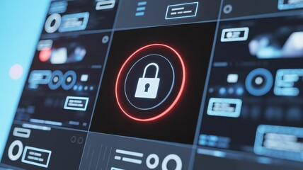 Digital Fortress: The image reveals a futuristic user interface showcasing a digital padlock, symbolizing secure data and protecting sensitive information against potential threats.