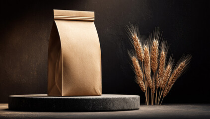 Brown Kraft Paper Bag with Wheat Ears on Podium Against Black Background