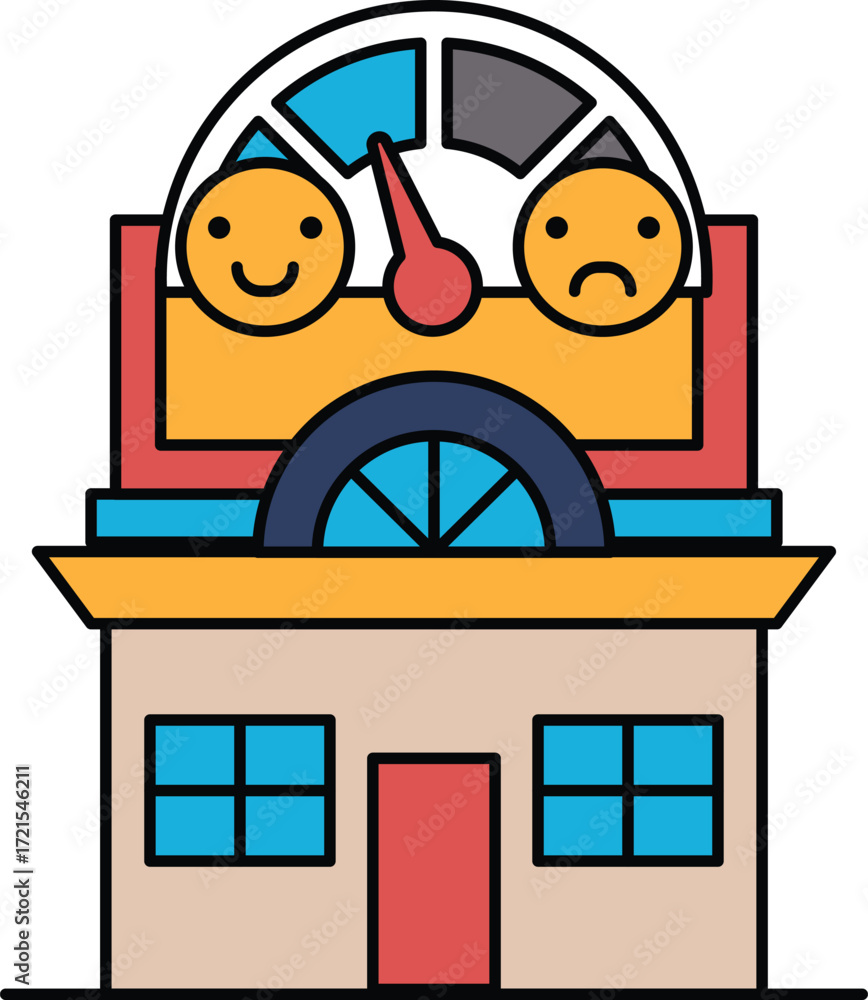 Poster a building with a smiling face and a frowning face on it