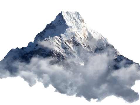 white snow-capped mountain peak, clouds, transparent background, png