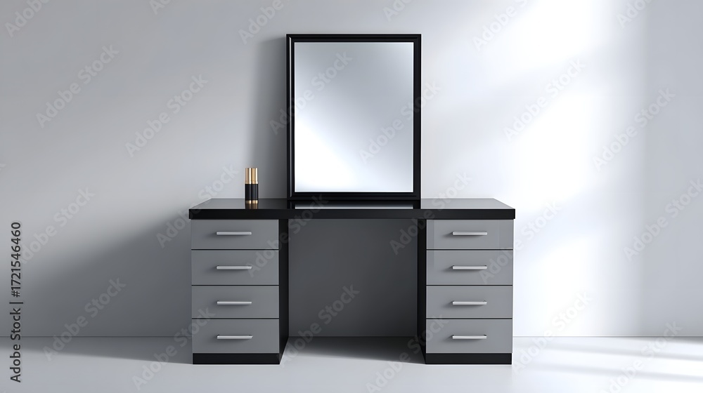Poster a sleek and sophisticated dresser with a matching mirror, creating a harmonious and visually appeali