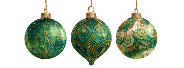 3 green christmas baubles with different patterns, isolated on a transparent background.