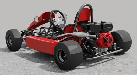 Realistic 3D render of a red racing go-kart. High-detail CGI model of a motorsport vehicle showing its engine and chassis, parked on an asphalt surface under studio lighting.