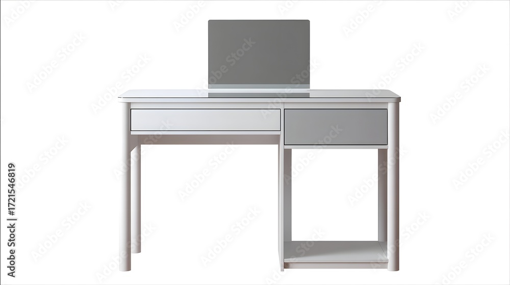 Poster a modern, minimalist desk with a computer display and drawers, creating a clean and organized worksp