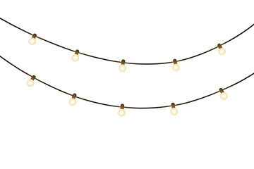 Two strings of glowing light bulbs hanging, symbolizing celebration, party, and festive decoration. Transparent background