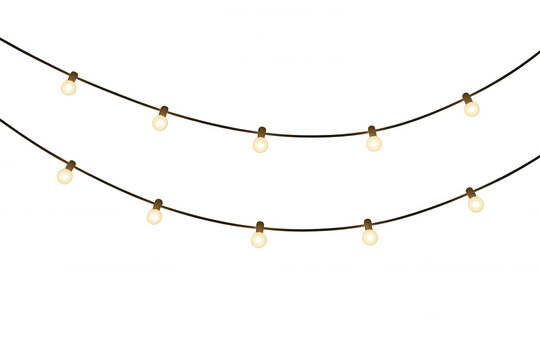 Two strings of glowing light bulbs hanging, symbolizing celebration, party, and festive decoration. Transparent background