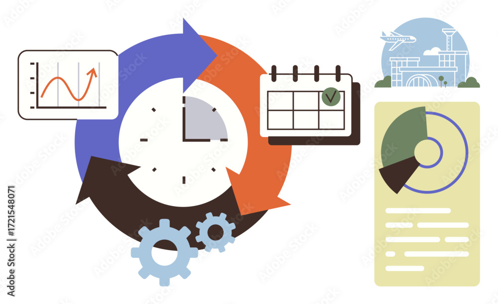 Poster clock surrounded by arrows, gears, analytics graph, calendar, and data chart with travel icon. ideal