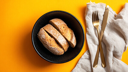 Black Bowl with Bread on Orange Background and Golden Cutlery