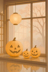 Minimal glassy paper jack-o’-lantern set in soft lighting for seasonal retail
