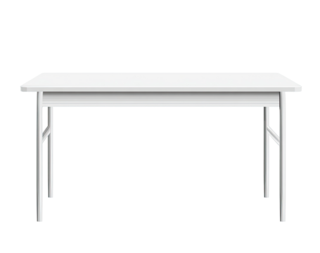 Simple, rectangular white table.  Flat-topped, with  straight,  thin legs.  Front-facing view