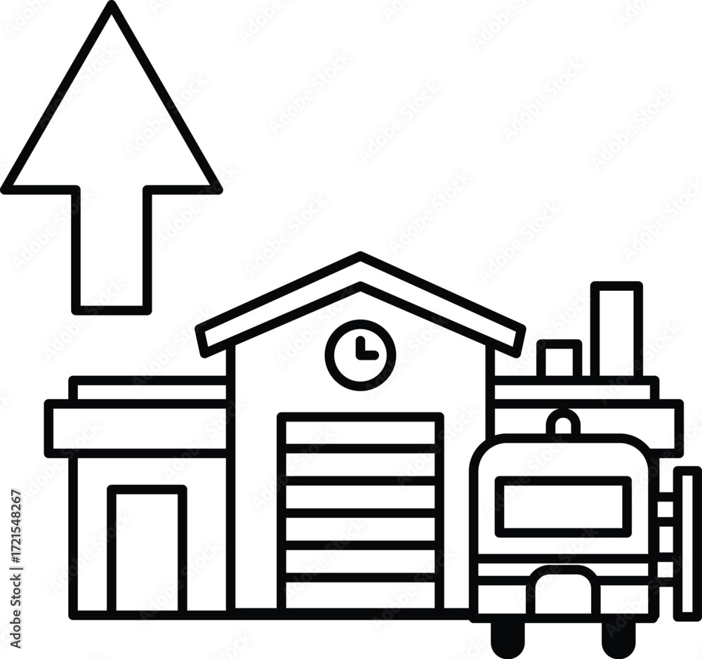 Poster a building with a clock on it and a truck in front of it