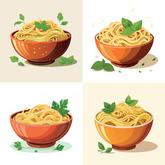 Four bowls of spaghetti topped with fresh green basil or parsley leaves, presented in a colorful, stylized illustration.