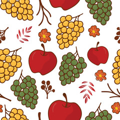 Seamless fruit pattern with red apples, green grapes, and autumn harvest elements, colorful seasonal design for fabric, packaging, wrapping paper and invitations.