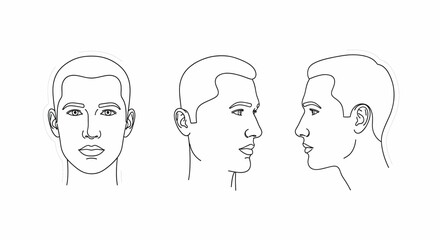 Three views of a young man's head, front, side, and profile, in clean line art