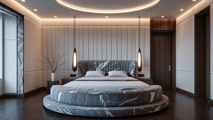 a modern, luxurious bedroom interior with a minimalist design. The room features a large, circular bed with a grey upholstered headboard that has a striking marble pattern.