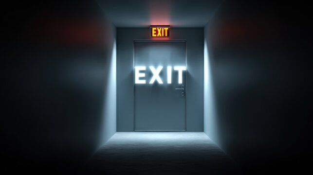 A dark, narrow hallway with a single door leading to an unknown destination. The door has a bright, neon exit sign, casting a glow in the surrounding darkness. - Powered by Adobe