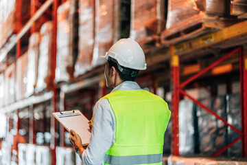 A young male warehouse worker in a white hard hat and bright safety vest looks up at the inventory on the shelves while holding a clipboard. He is focused and attentive to the work.