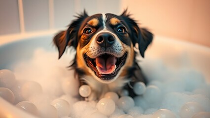 Happy dog playing in a bubble-filled bathtub, radiating joy and playful energy.